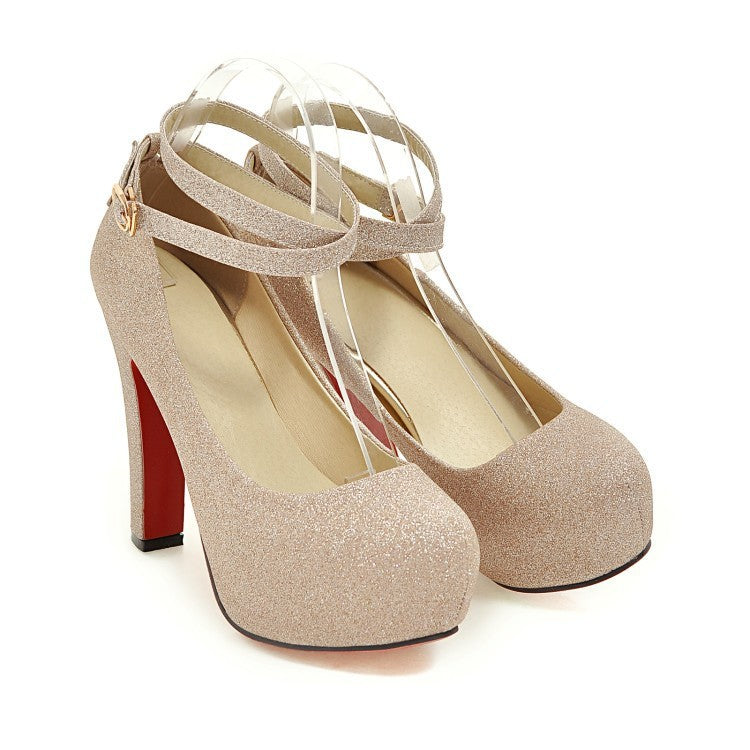 Ladies High Heels – Round Toe Platform Pumps with Buckle & Block Heel